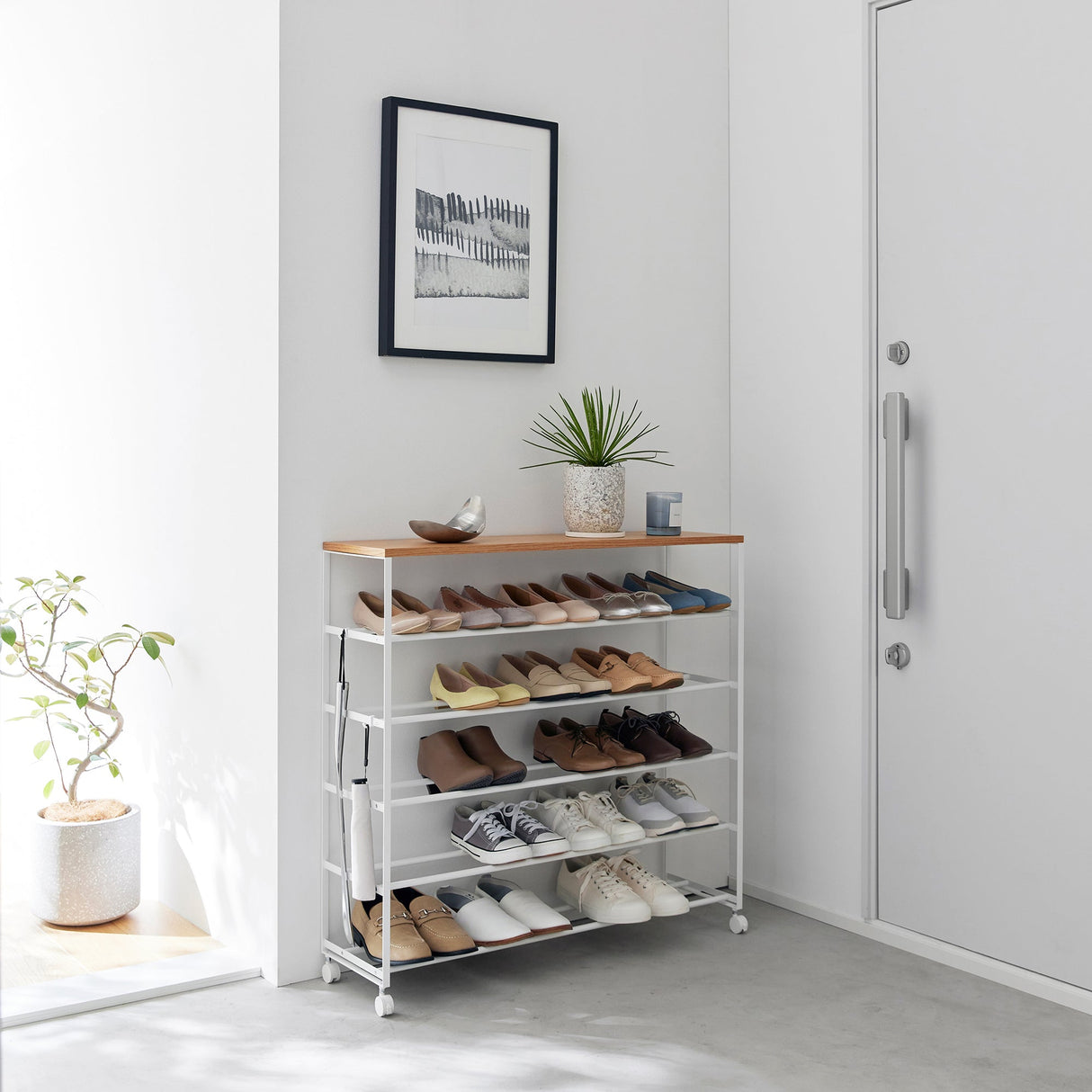 Rolling Five-Tier Shoe Rack (34.25" H) - Steel + Wood