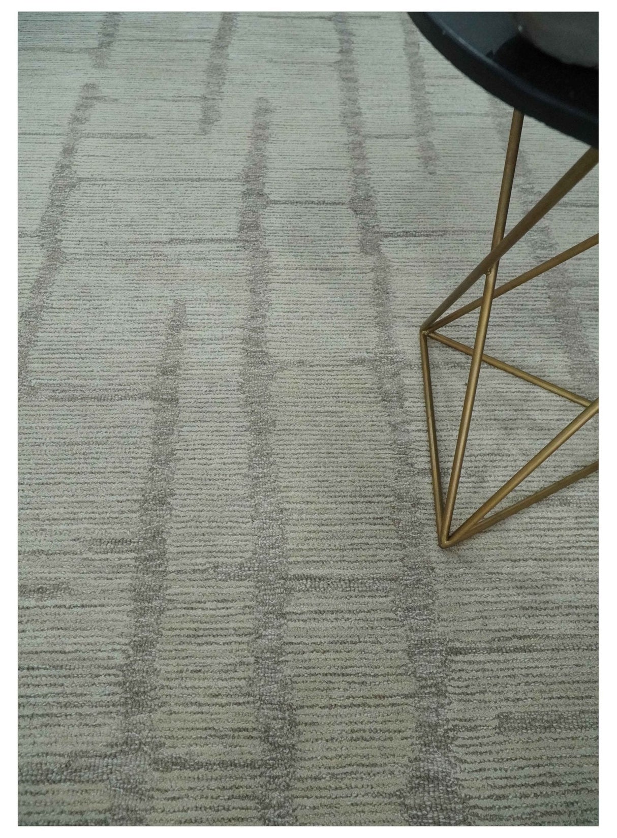 Earthy Modern Stripes Design Custom Made Ivory, Silver and Gray Hand Tufted Rug