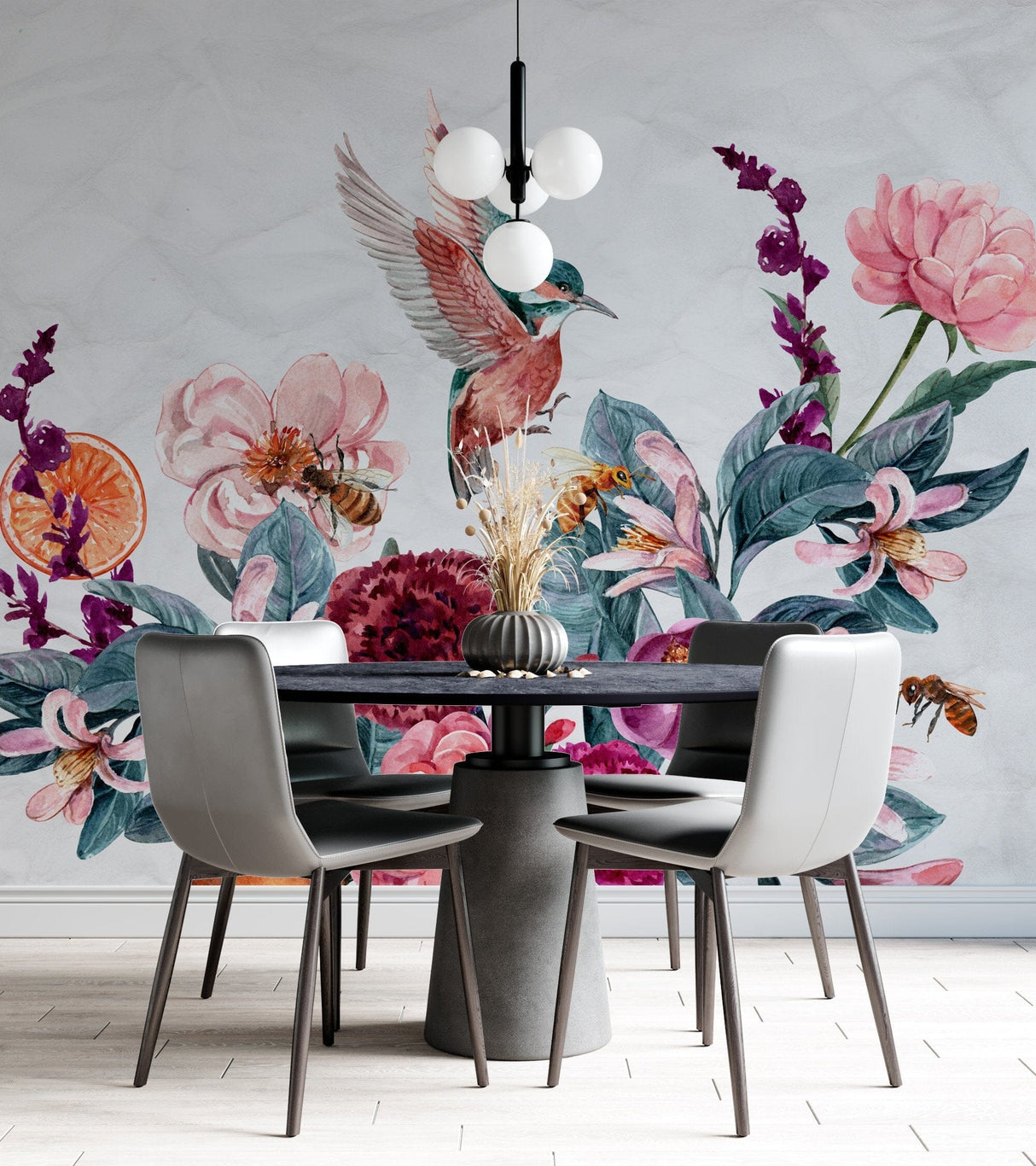 Flying Birds with Flower Bouquet Wallpaper Mural
