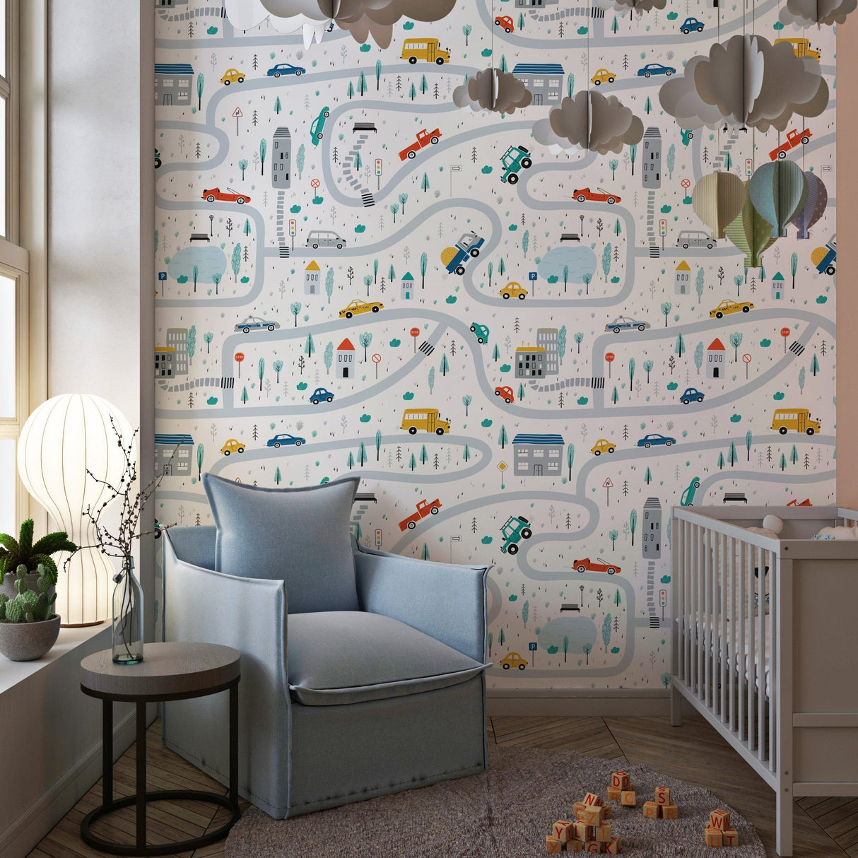 Playroom Wallpaper for Boy's Room | Cars, Roads, Houses