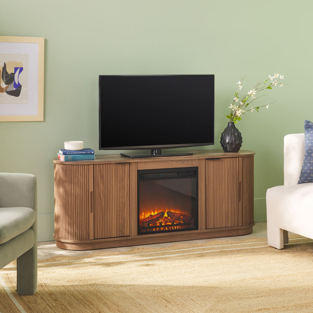 Chloe Modern Scandinavian Reeded Fireplace TV Stand in 2 Sizes