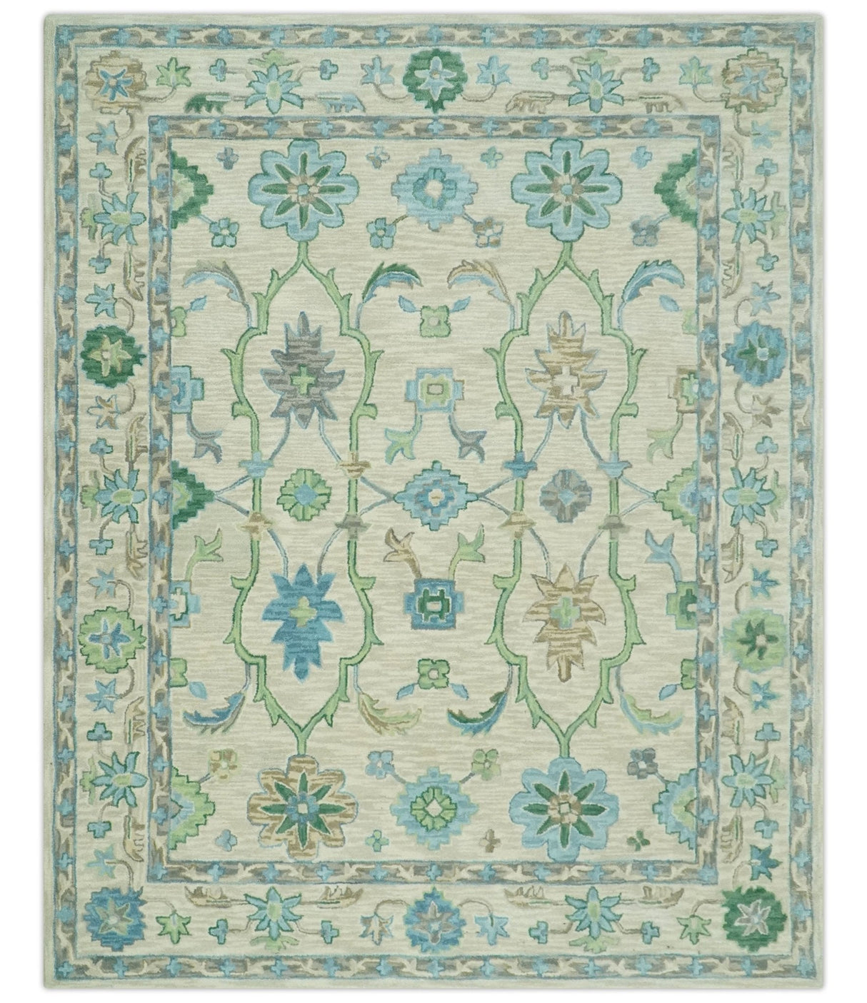 Floral Beige, Gray, Blue and Green Oriental Oushak Hand Tufted Custom Made wool Area rug