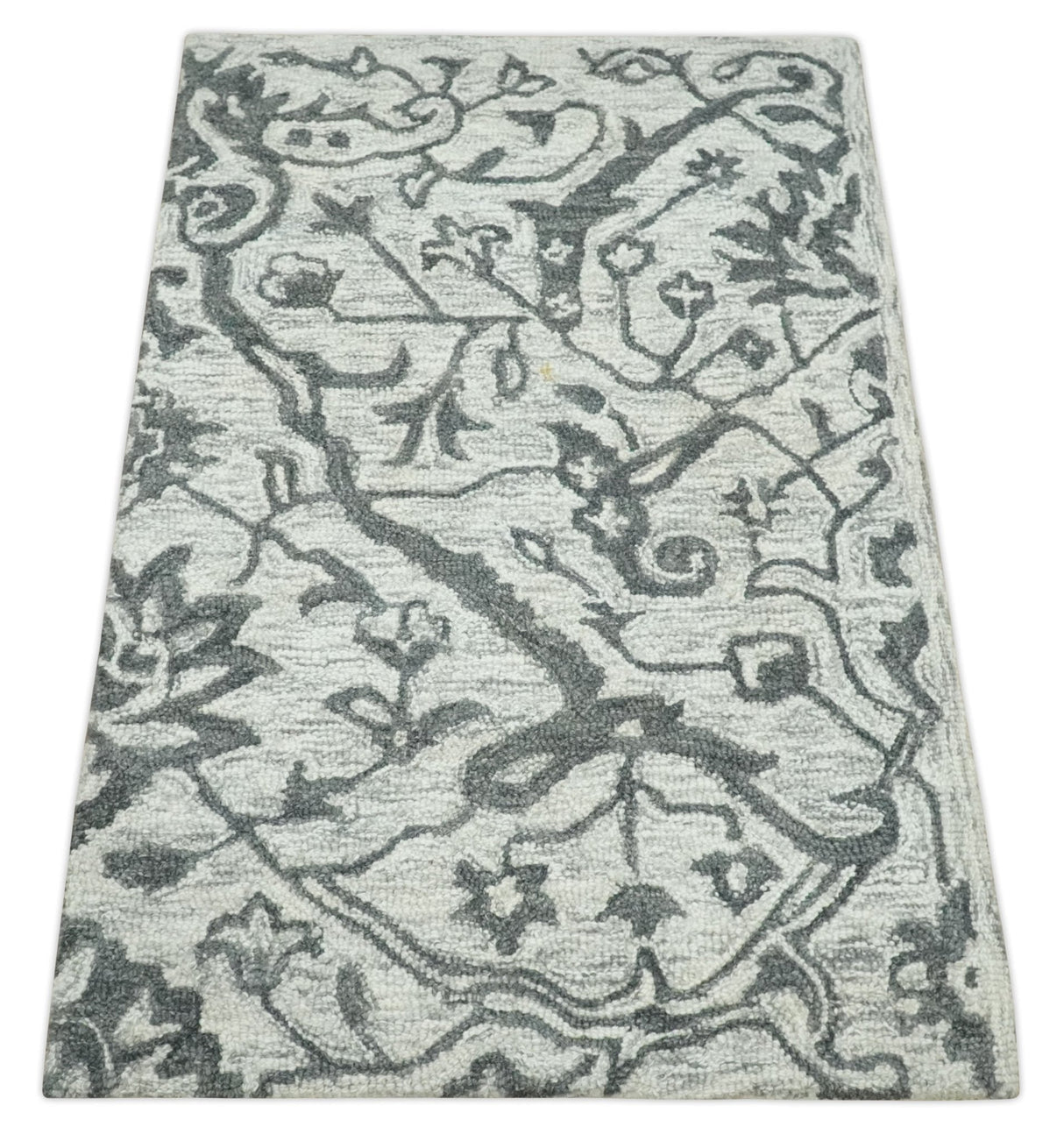 Floral Ivory and Charcoal Wool Hand Woven Layering Multi Size Area Rug