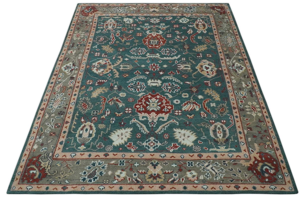 Floral Teal, Camel and Brown Hand Knotted Oriental Oushak Multi Size wool Area Rug