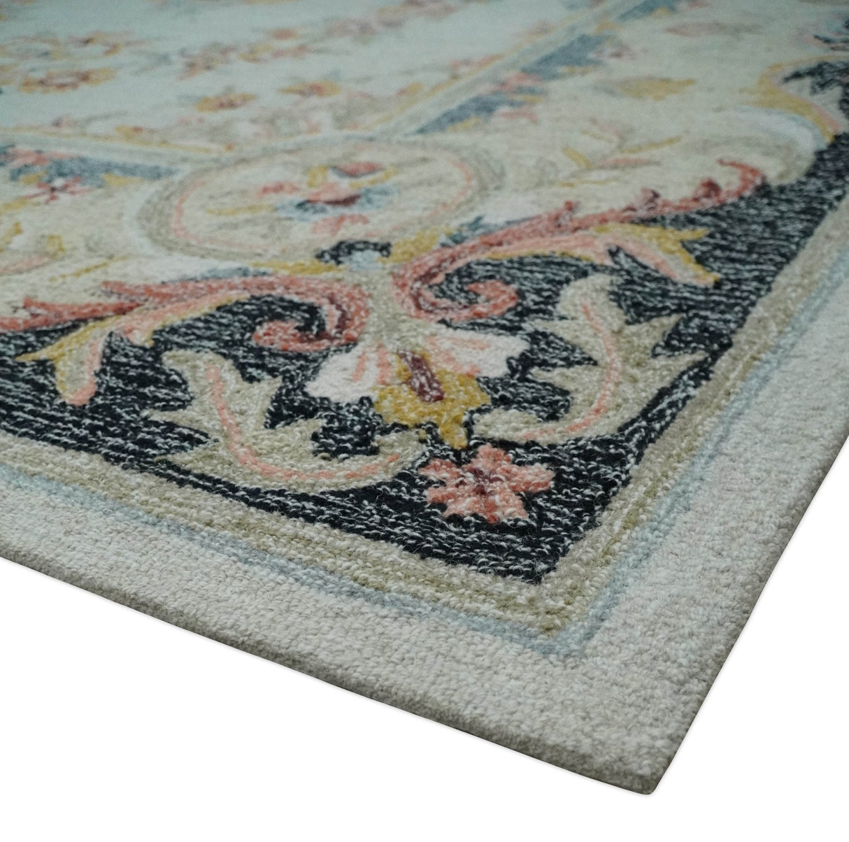 French Design Aubusson Custom Made Ivory, Light Green and Charcoal Hand Tufted wool Area Rug