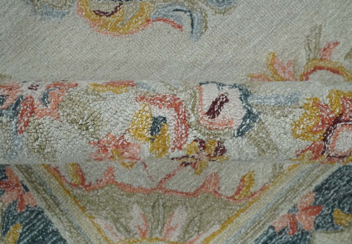 French Design Aubusson Custom Made Ivory, Light Green and Charcoal Hand Tufted wool Area Rug