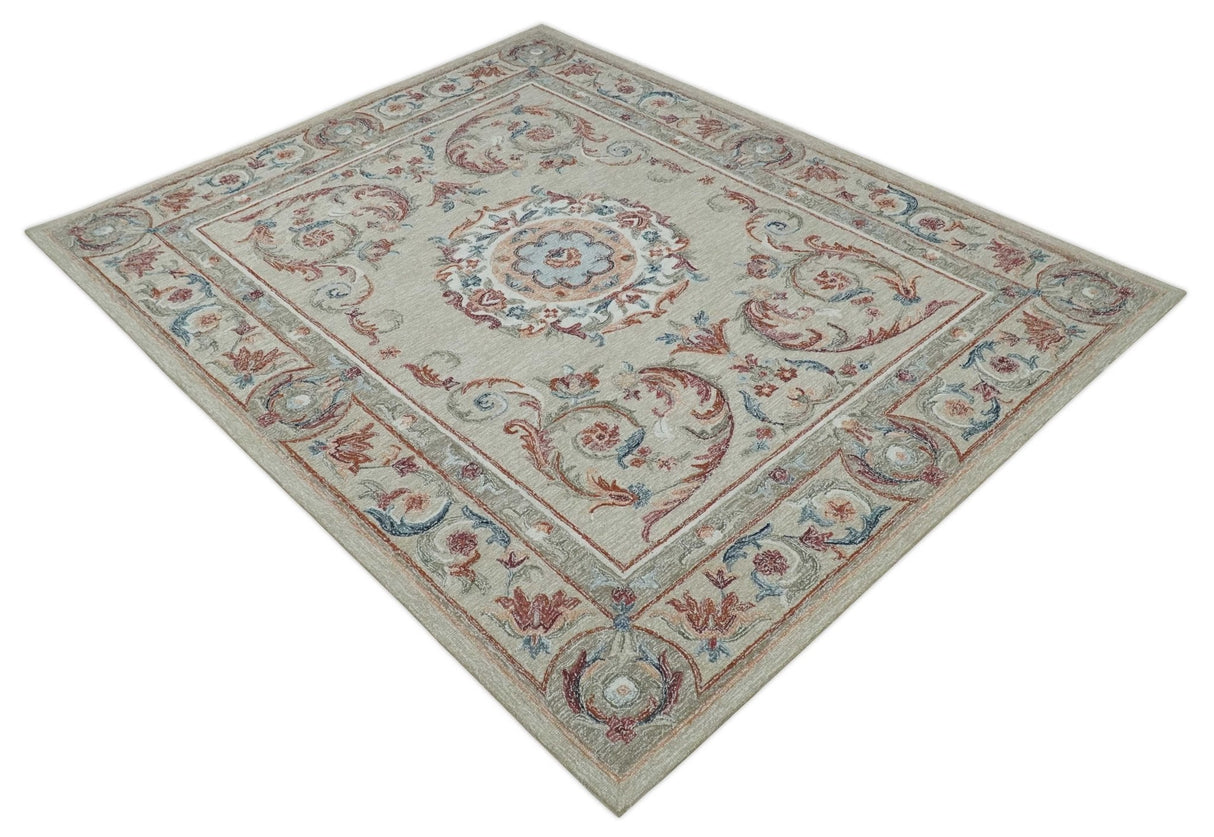French Inspired Aubusson design Custom Made Beige, Brown and Blue Hand Tufted wool Area Rug