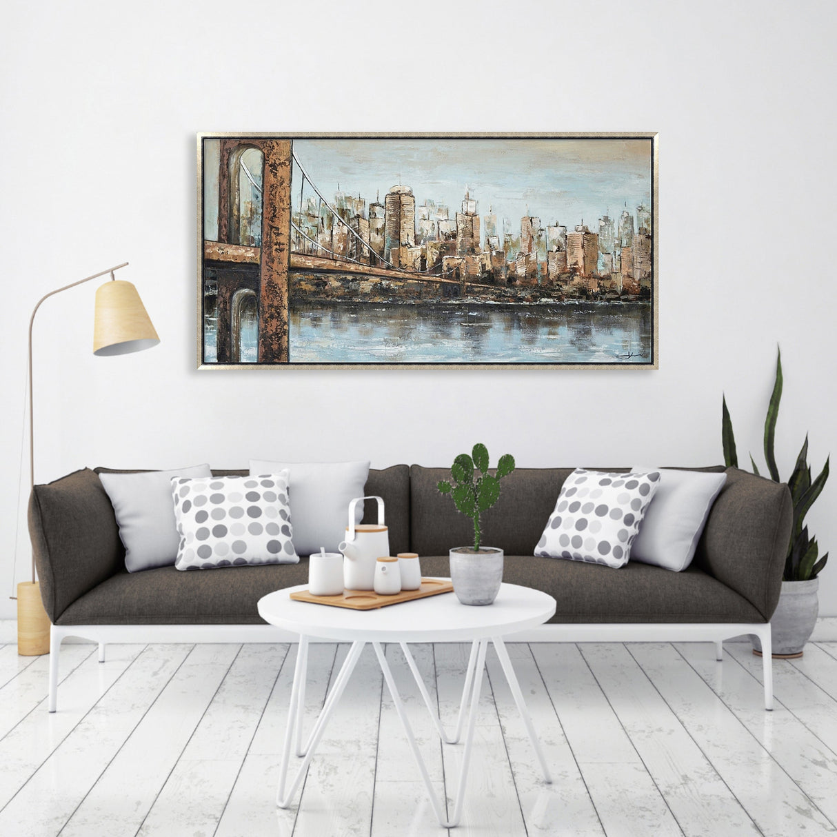 Hand Painted Acrylic Wall Art New York Cityscape on a 55 x 28 Rectangular Canvas with a Champagne Wooden Frame