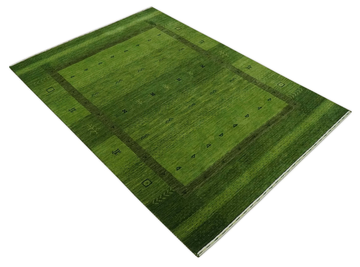 Geometrical Stripes Design Green Hand loom Multi Size wool Area Rug