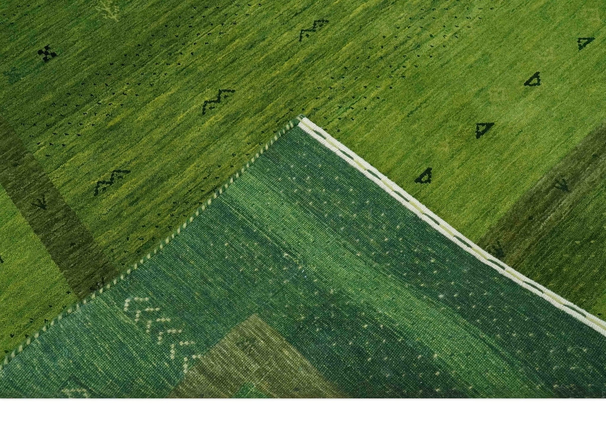 Geometrical Stripes Design Green Hand loom Multi Size wool Area Rug