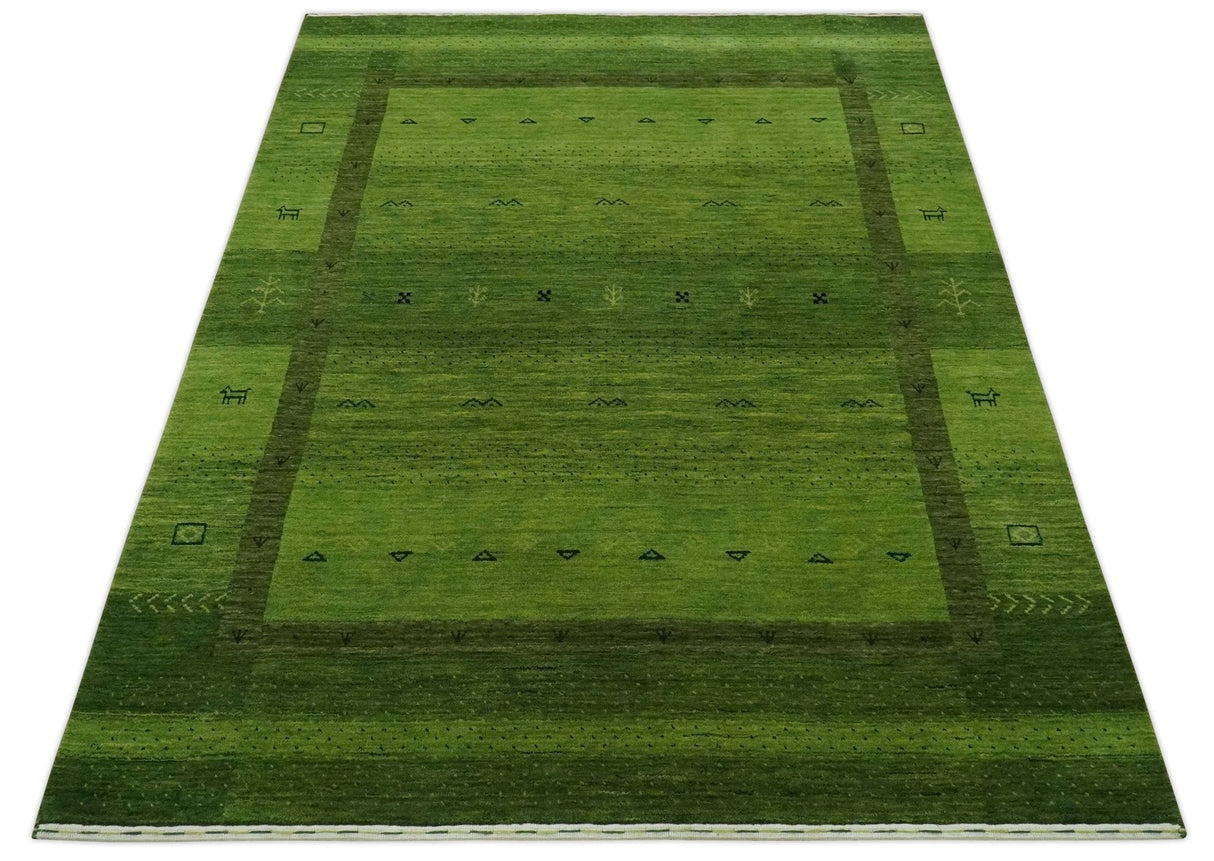 Geometrical Stripes Design Green Hand loom Multi Size wool Area Rug