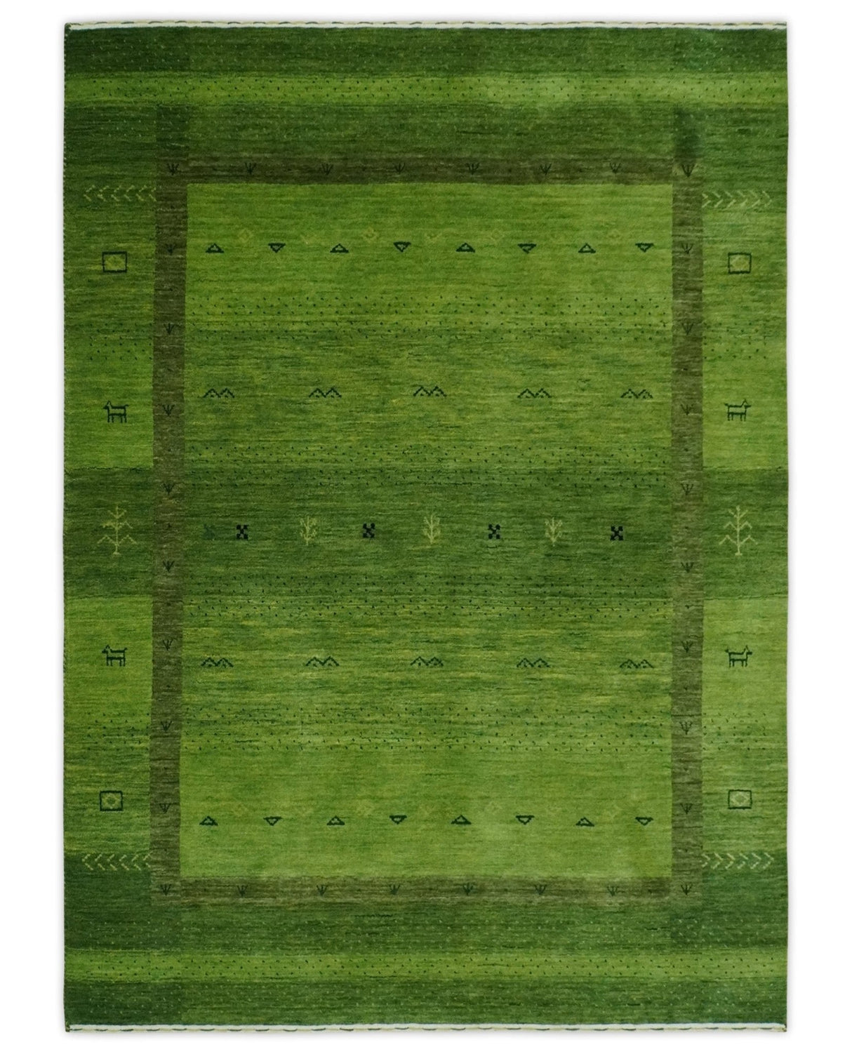 Geometrical Stripes Design Green Hand loom Multi Size wool Area Rug