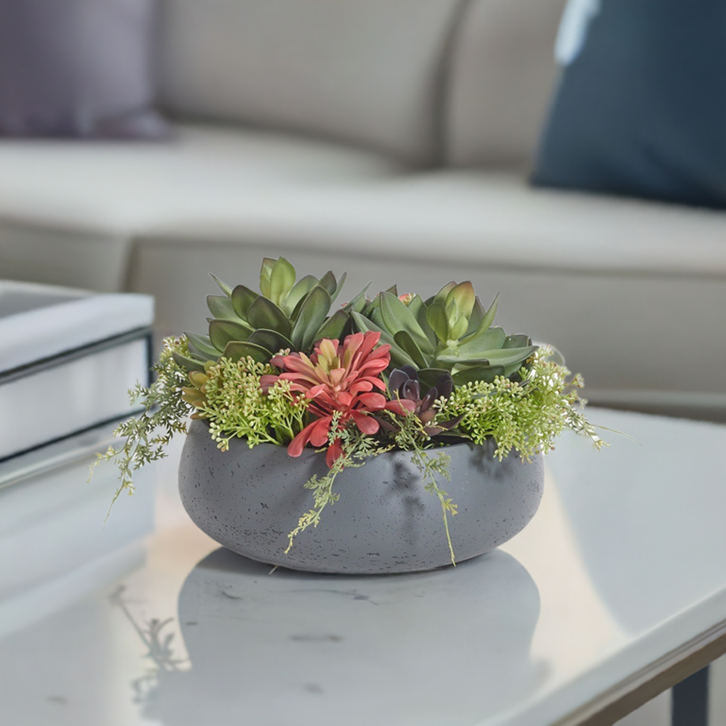Round Artificial Succulent Arrangement, Gray Planter