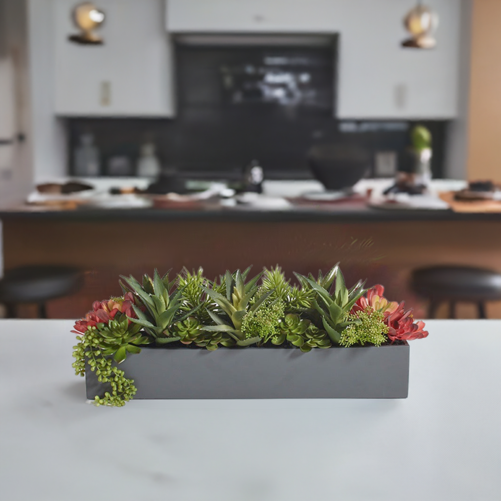 Rectangular Artificial Succulent Arrangement, Gray Planter