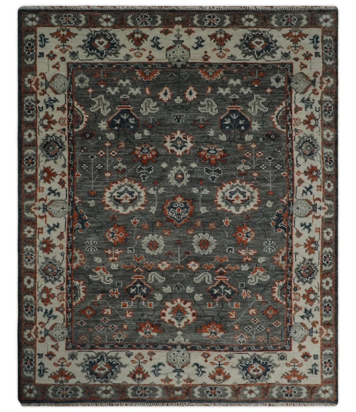 Charcoal and Ivory Hand Knotted Traditional Oushak Custom Made Wool Area Rug