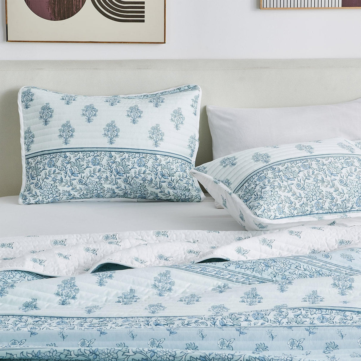 Floral Striped Microfiber Quilt Set - Hermine Collection