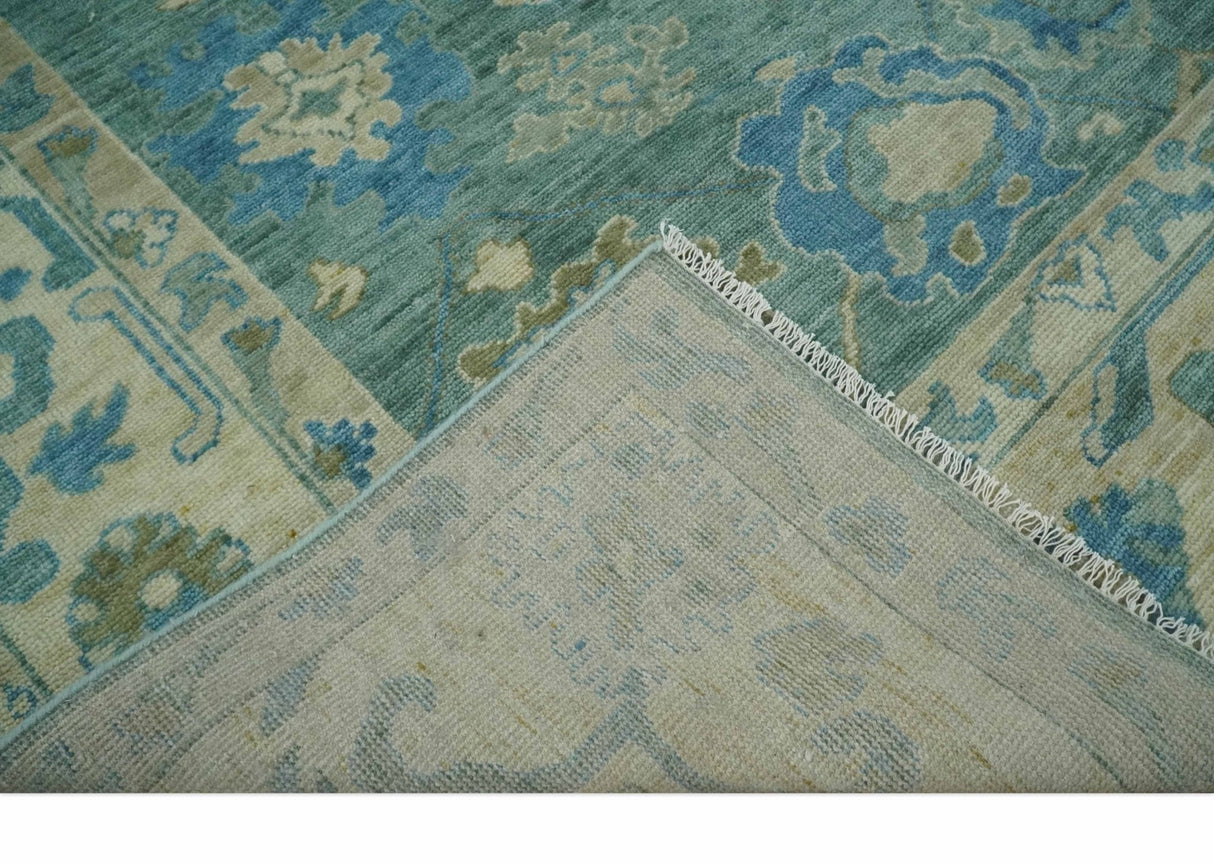 Green, Beige and Blue Hand knotted Traditional Oushak Multi Size Wool Area Rug