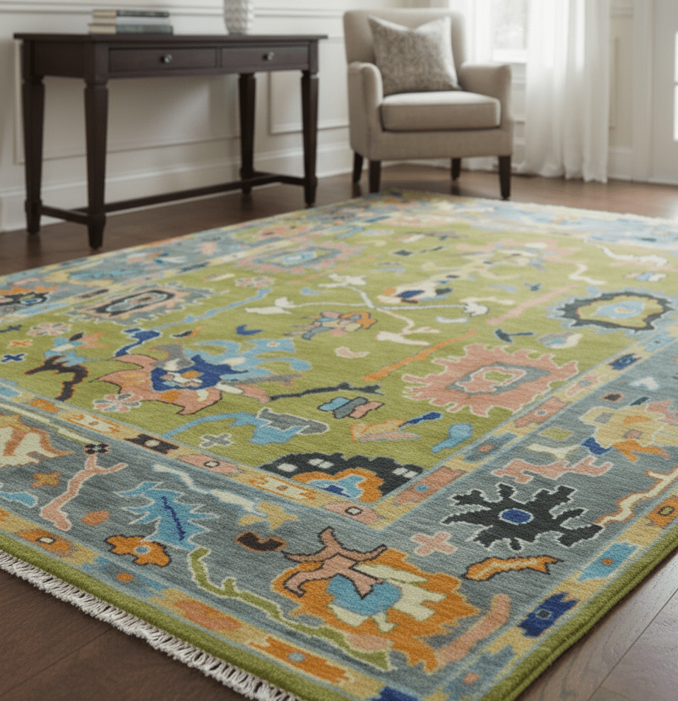 Custom Made Green, Gray and Peach Colorful Hand knotted Traditional Oushak wool Area Rug