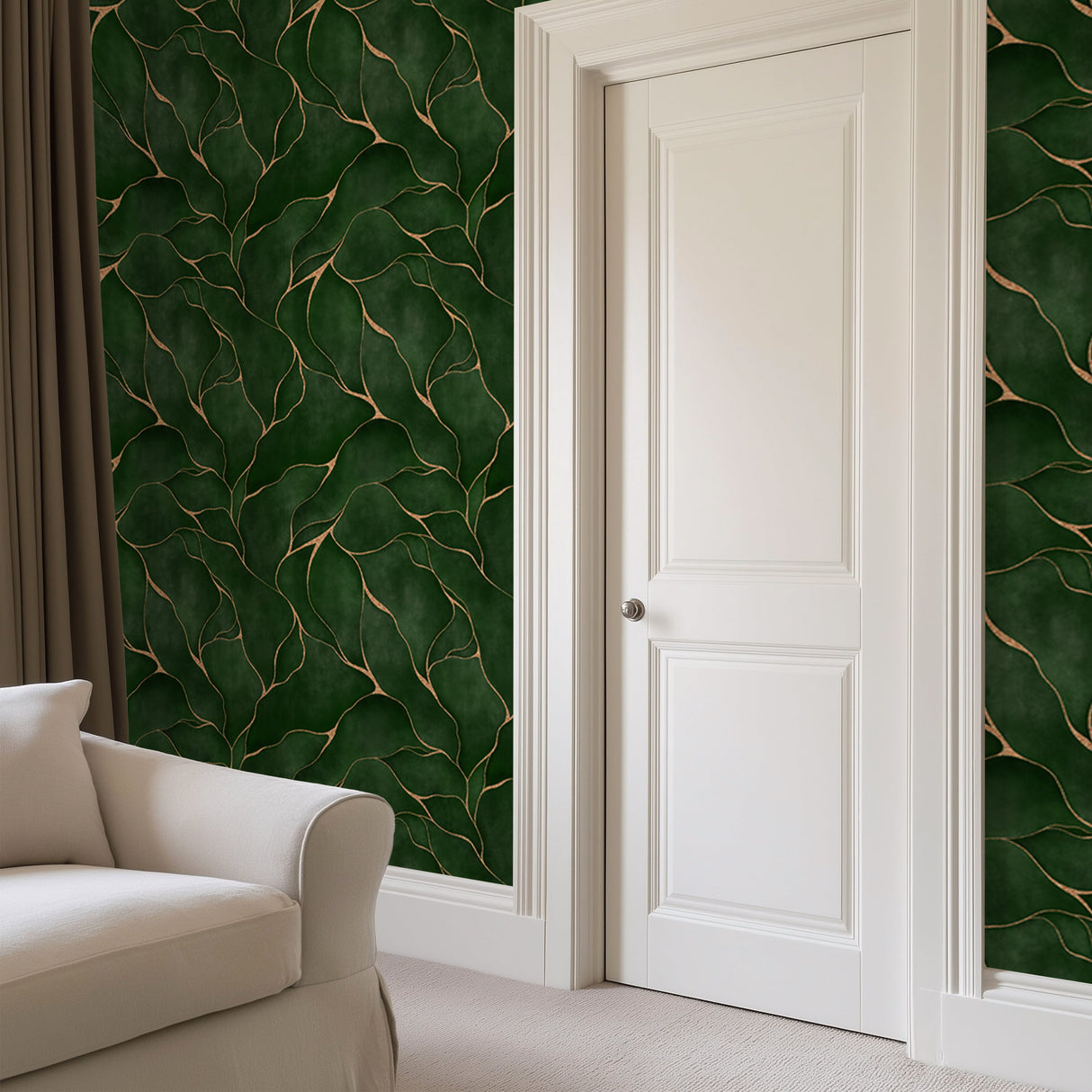 Luxury Green Leaf Pattern Wallpaper with Golden Accents