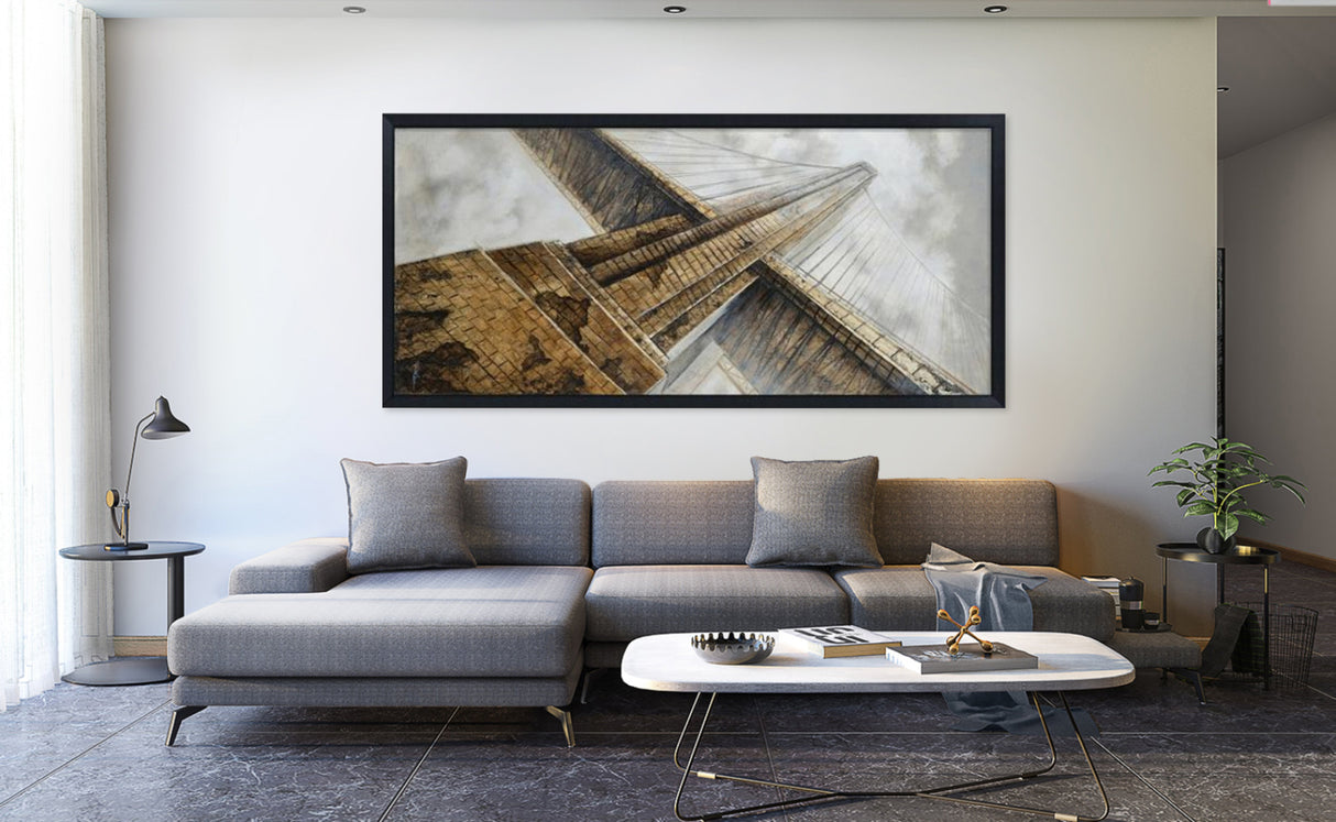 Hand Painted Acrylic and Foam 3D Wall Art Golden Gate Bridge 32 x 71 Rectangular Canvas with a Black Wooden Frame