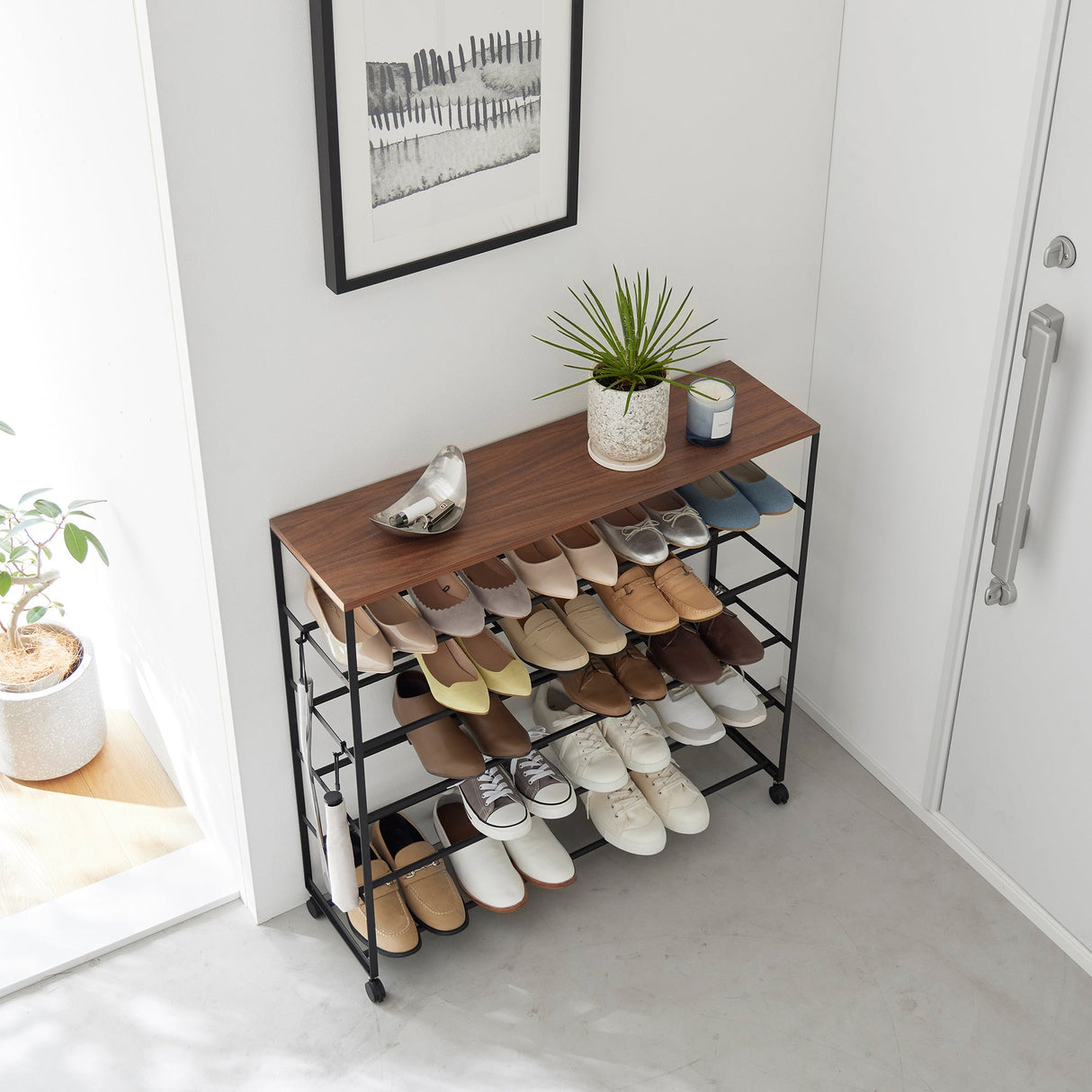 Rolling Five-Tier Shoe Rack (34.25" H) - Steel + Wood