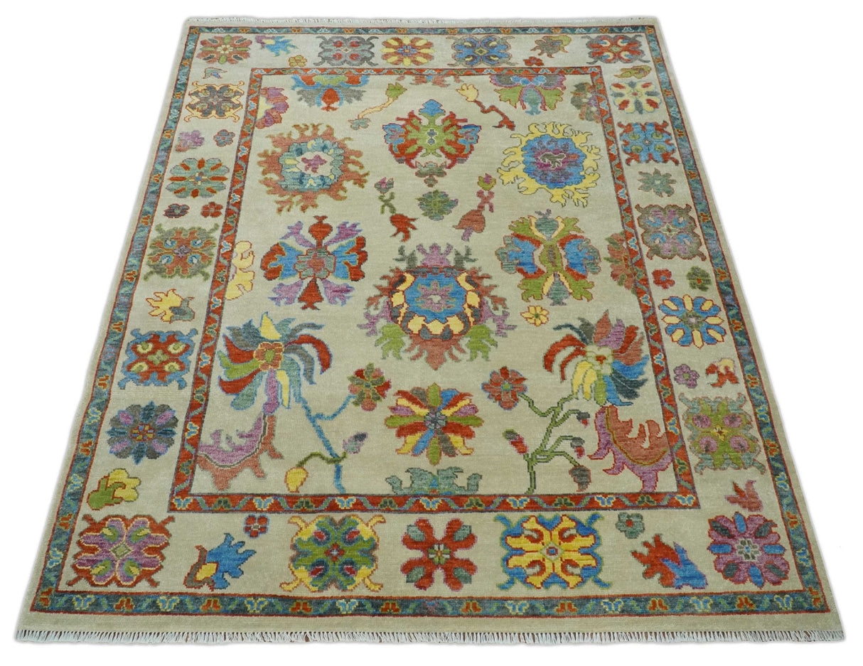Custom Made Hand Knotted Beige with multicolor Traditional Oushak Wool area Rug