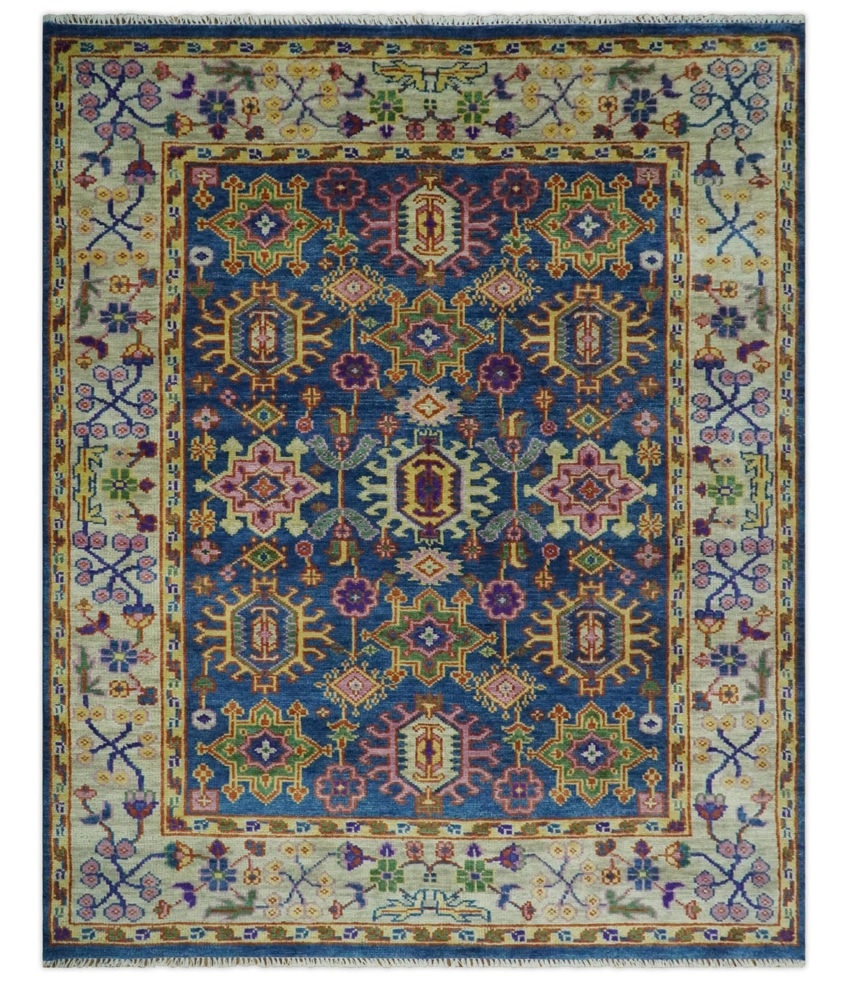 Hand Knotted Blue and Beige Persian Oushak Wool Rug