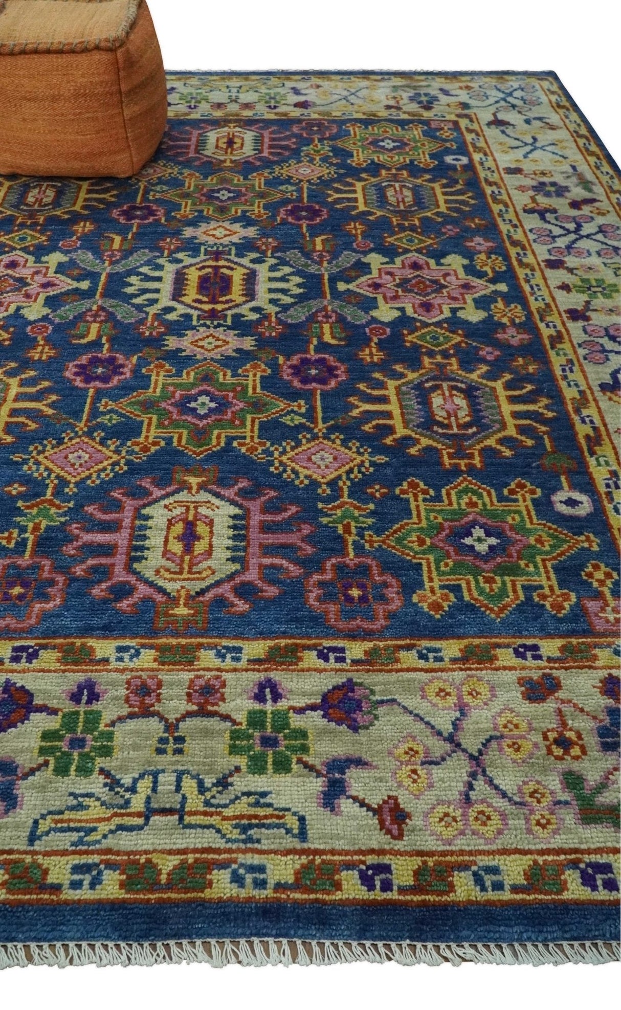 Hand Knotted Blue and Beige Persian Oushak Wool Rug