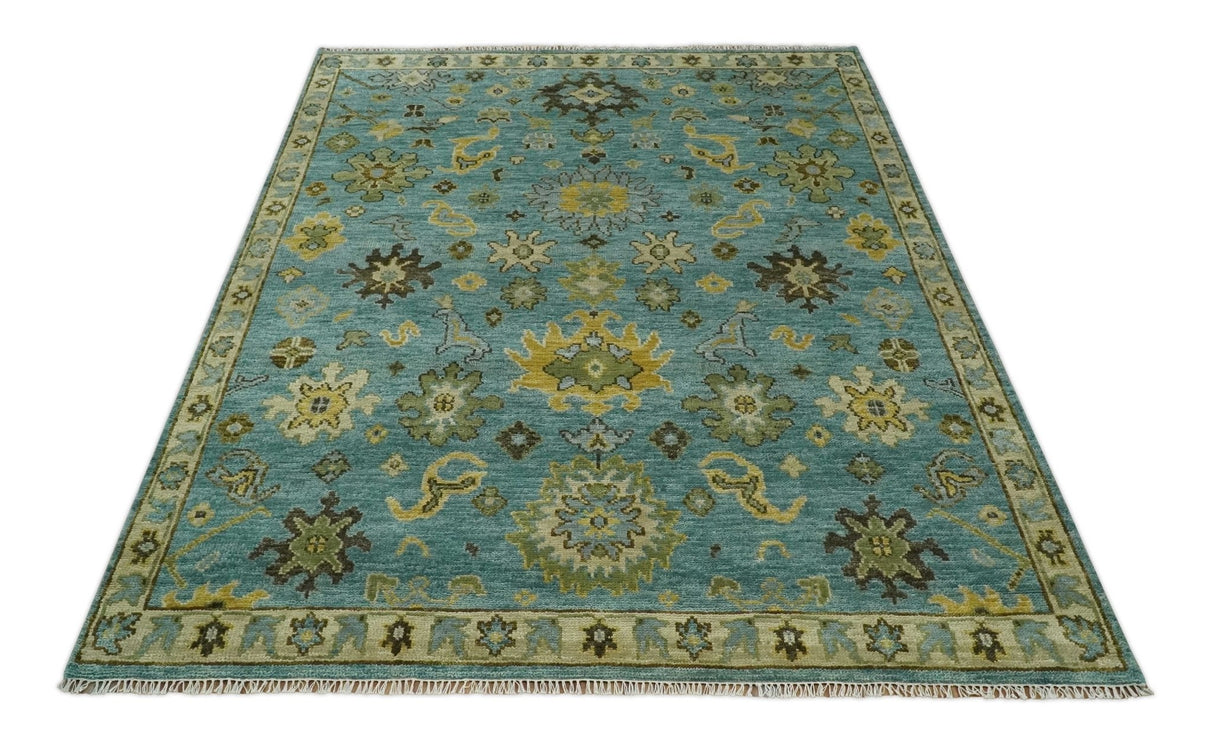 Hand Knotted Teal and Gold Traditional Oushak Multi Size Wool Area Rug