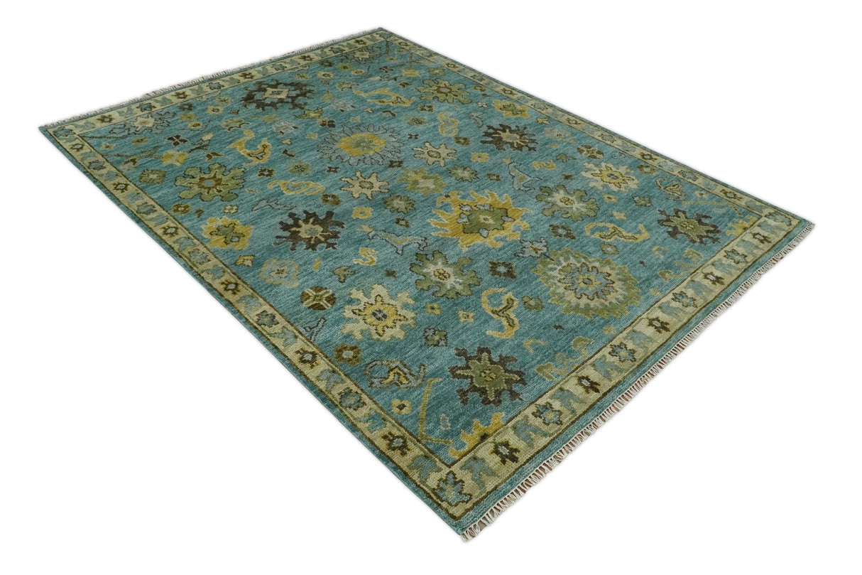 Hand Knotted Teal and Gold Traditional Oushak Multi Size Wool Area Rug