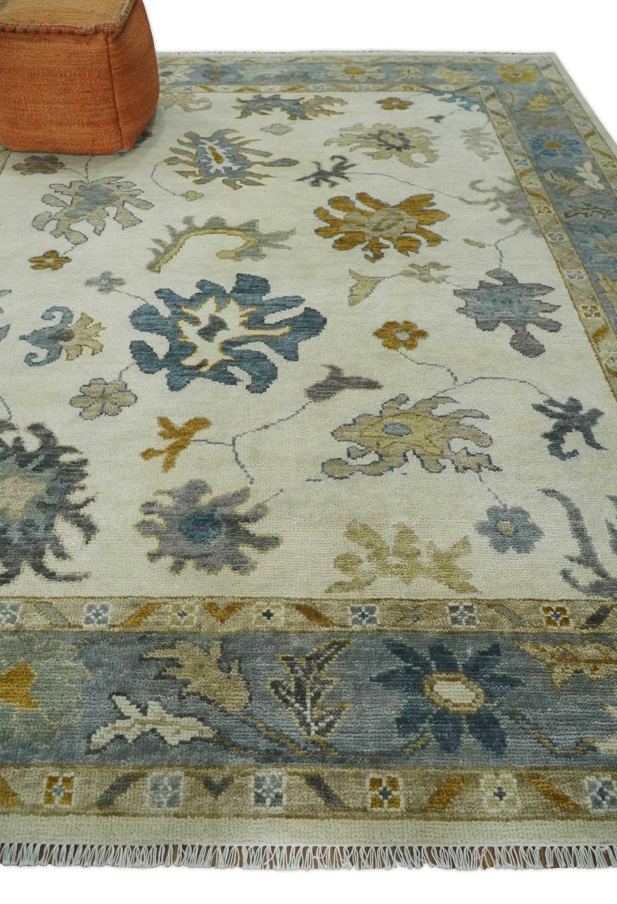 Hand Knotted Ivory, Blue and Brown Traditional Persian Oushak Wool Rug | TRDCP910
