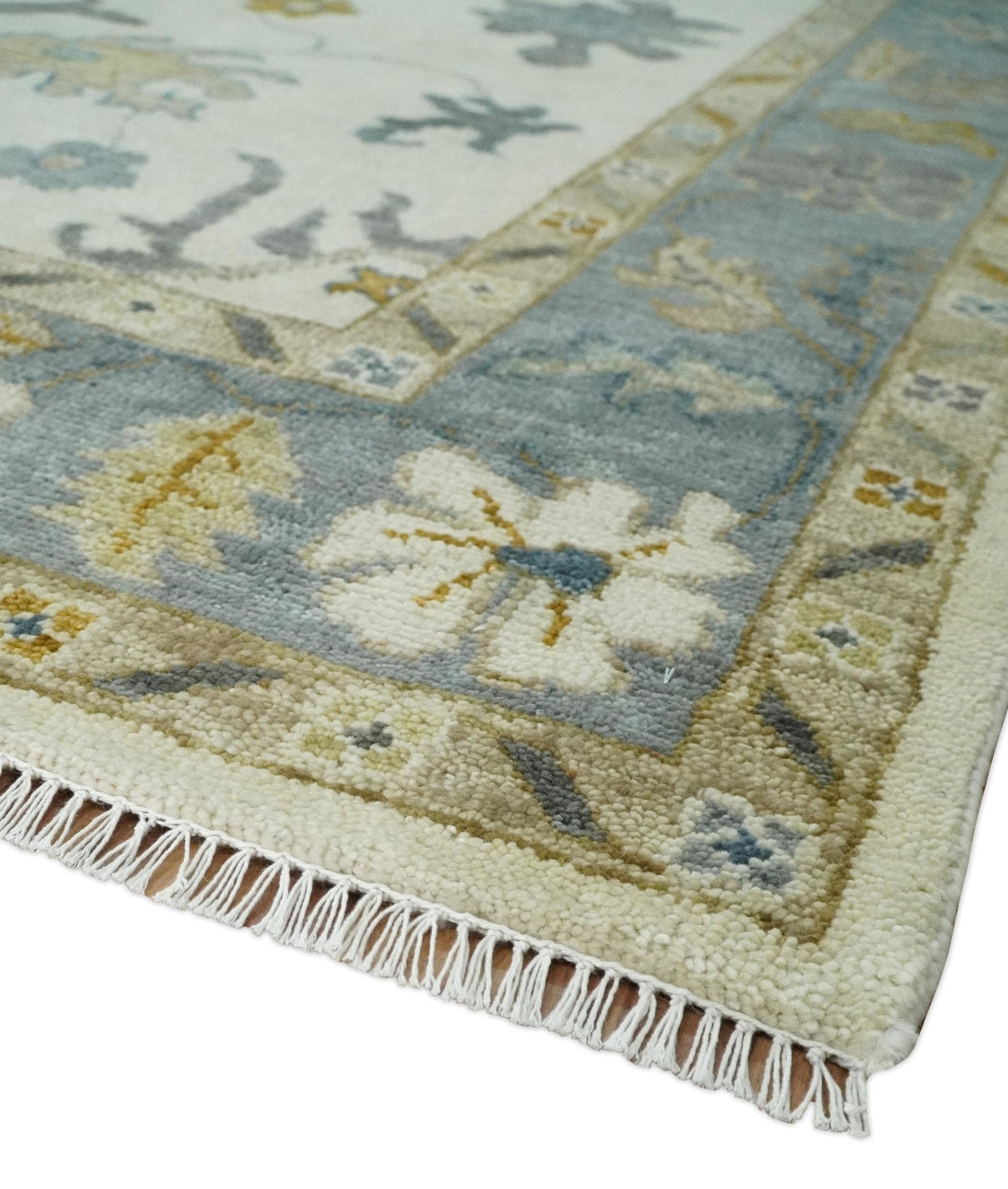 Hand Knotted Ivory, Blue and Brown Traditional Persian Oushak Wool Rug | TRDCP910