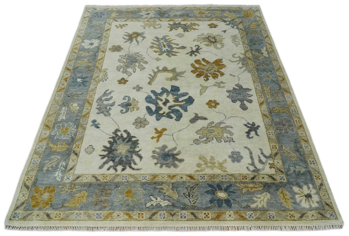 Hand Knotted Ivory, Blue and Brown Traditional Persian Oushak Wool Rug | TRDCP910