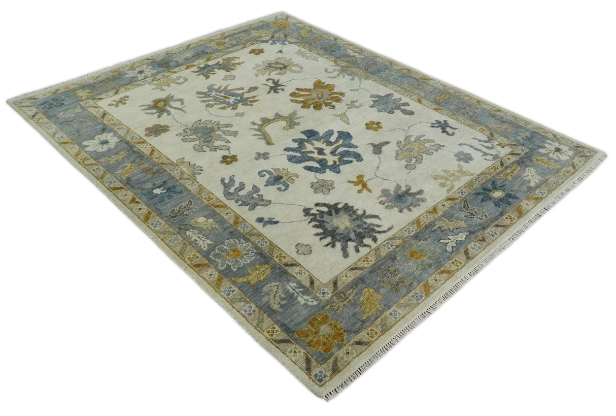 Hand Knotted Ivory, Blue and Brown Traditional Persian Oushak Wool Rug | TRDCP910
