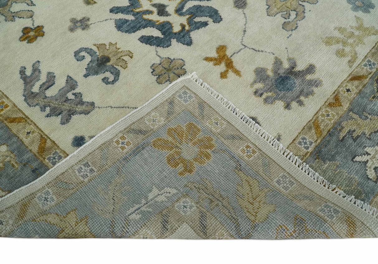Hand Knotted Ivory, Blue and Brown Traditional Persian Oushak Wool Rug | TRDCP910