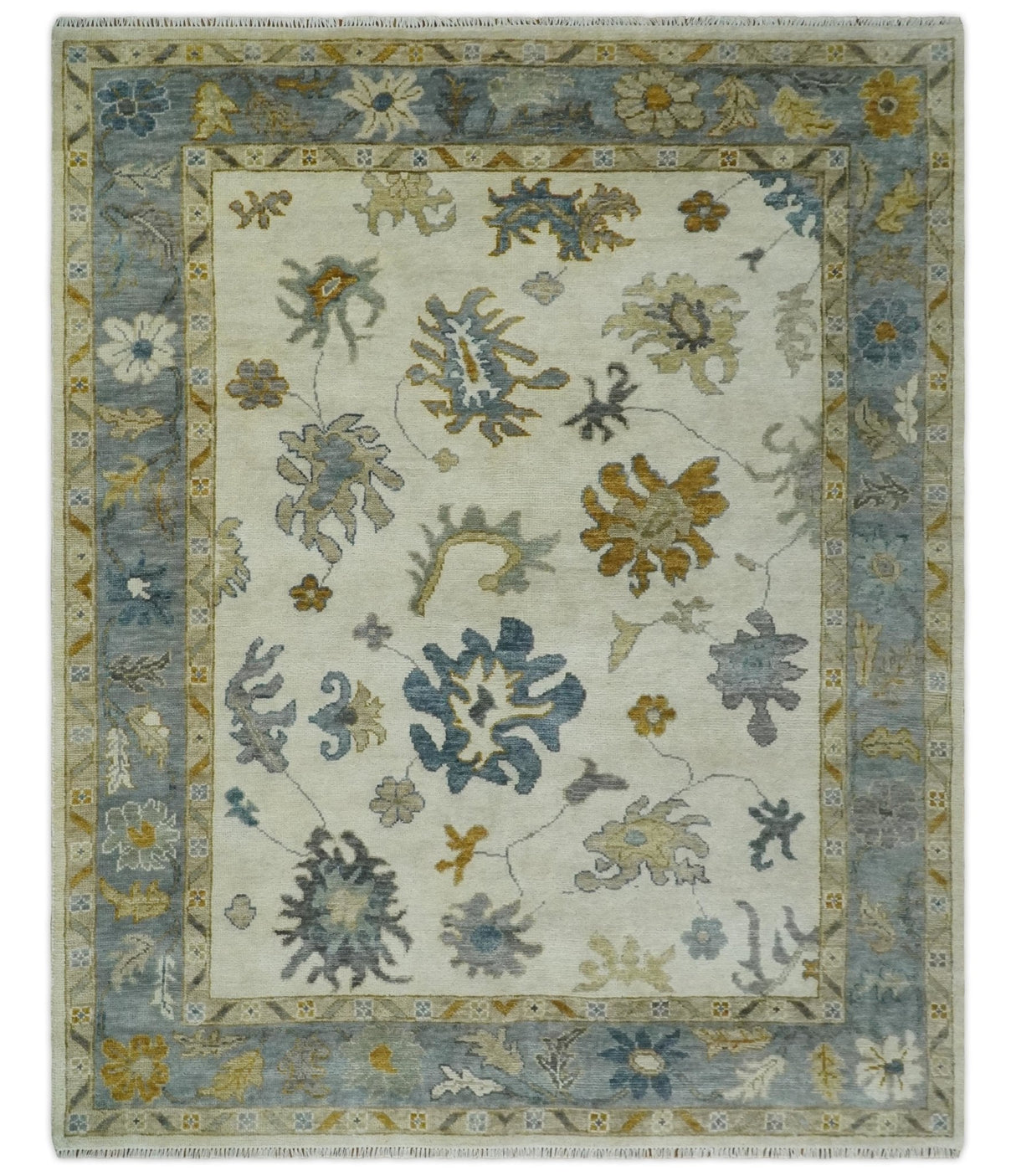 Hand Knotted Ivory, Blue and Brown Traditional Persian Oushak Wool Rug | TRDCP910