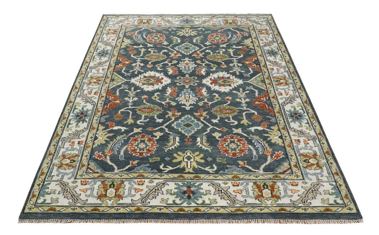Custom Made Hand Knotted Teal, Blue and Ivory Traditional Oushak Wool Area Rug
