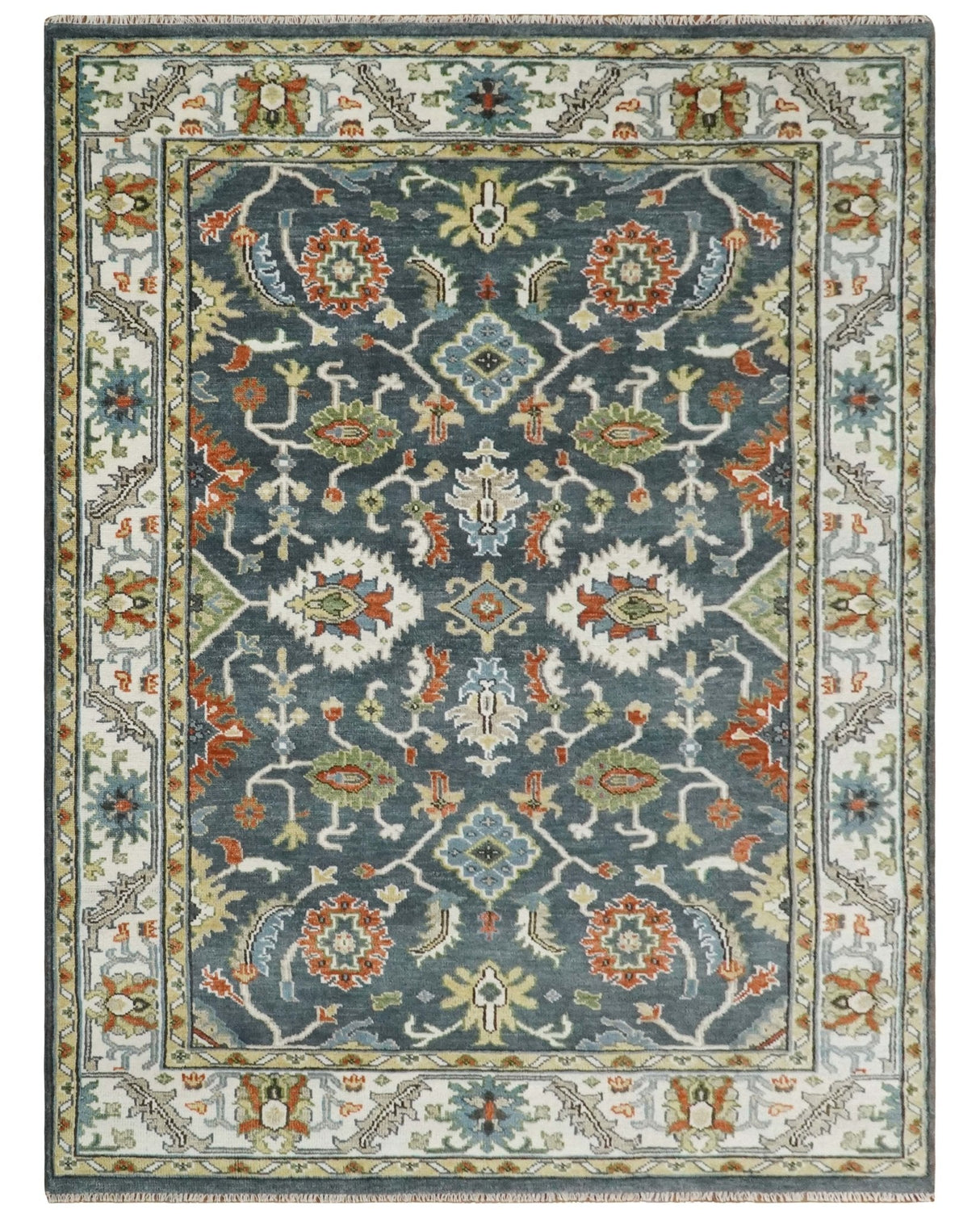 Custom Made Hand Knotted Teal, Blue and Ivory Traditional Oushak Wool Area Rug