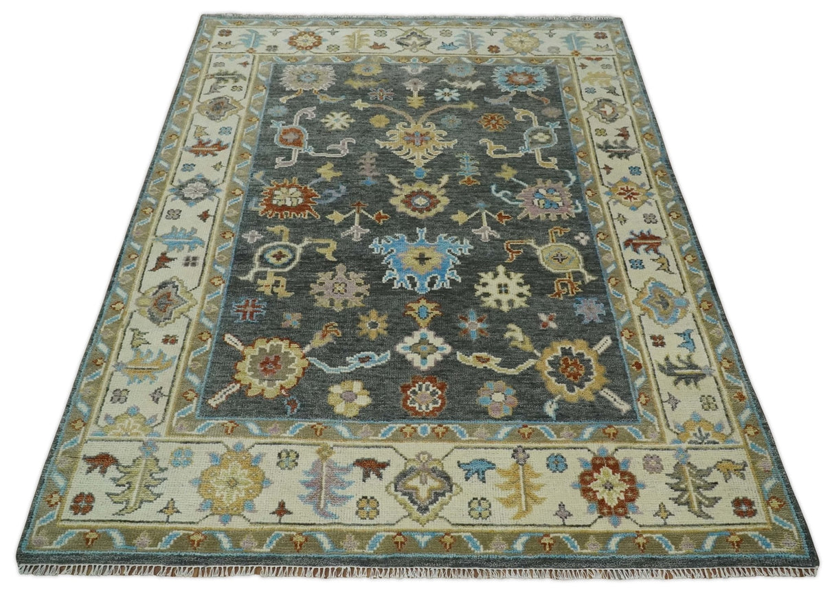 Hand Knotted Gray, Ivory and Olive Traditional Oushak Multi Size Wool Area Rug