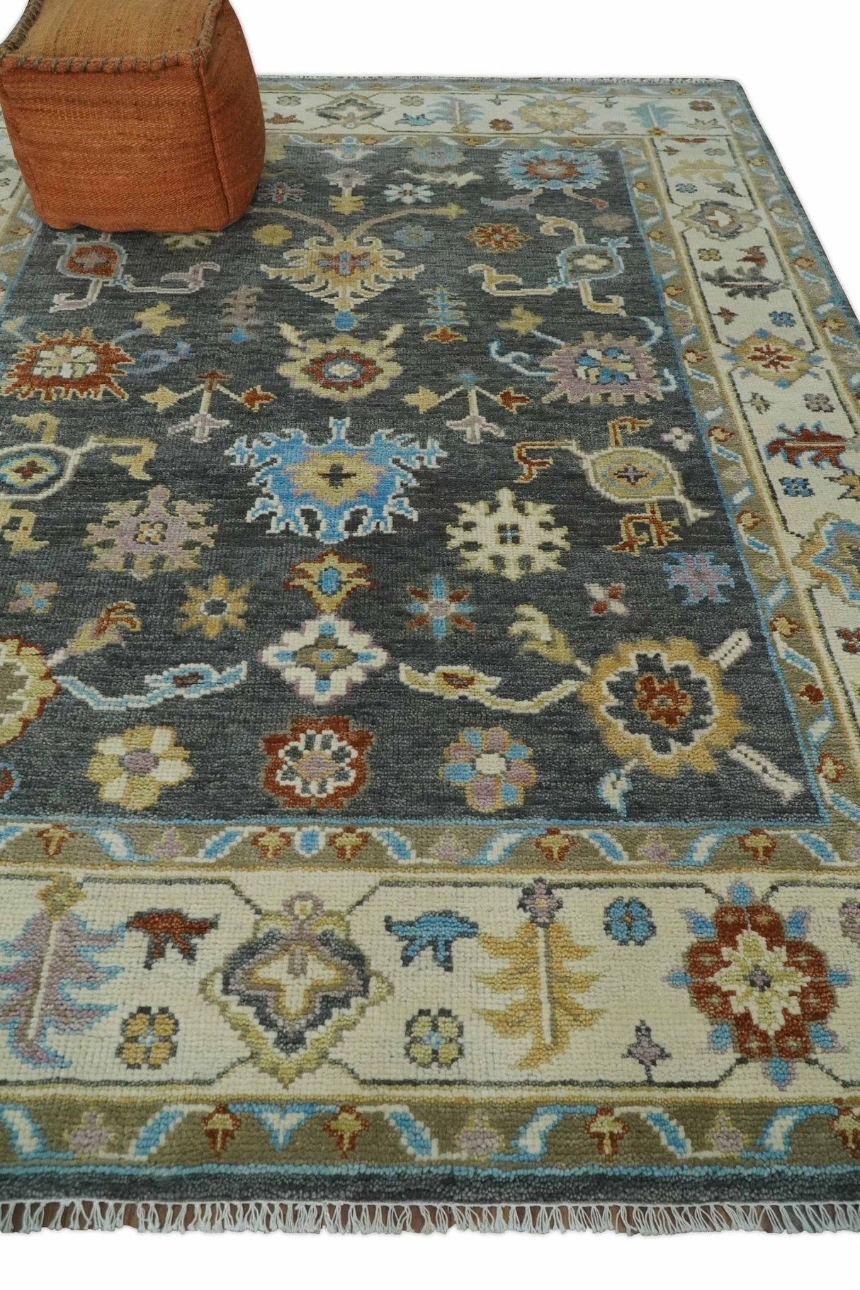Hand Knotted Gray, Ivory and Olive Traditional Oushak Multi Size Wool Area Rug