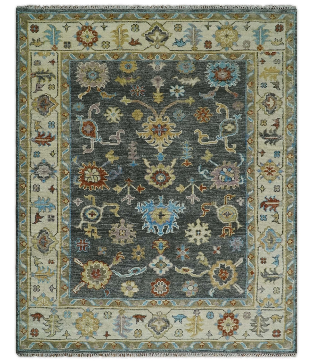 Hand Knotted Gray, Ivory and Olive Traditional Oushak Multi Size Wool Area Rug