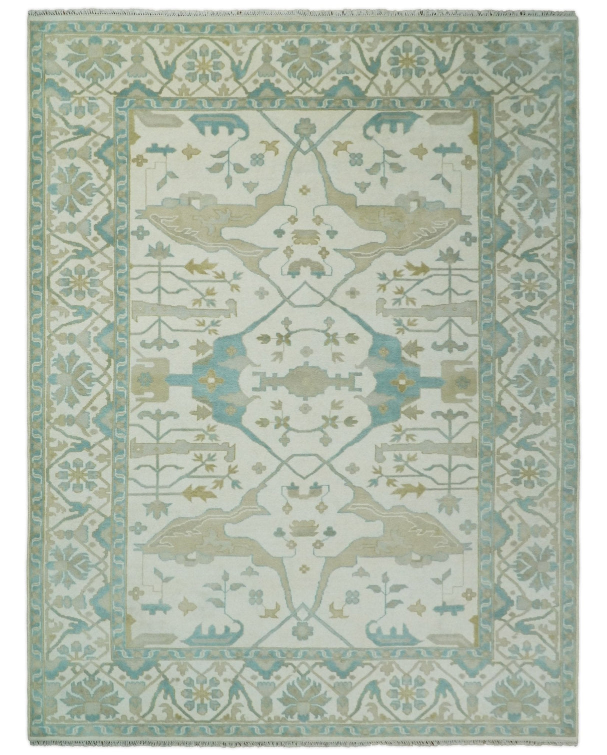 Custom Made Hand Knotted Oriental Oushak Ivory and Light Blue Wool Area Rug