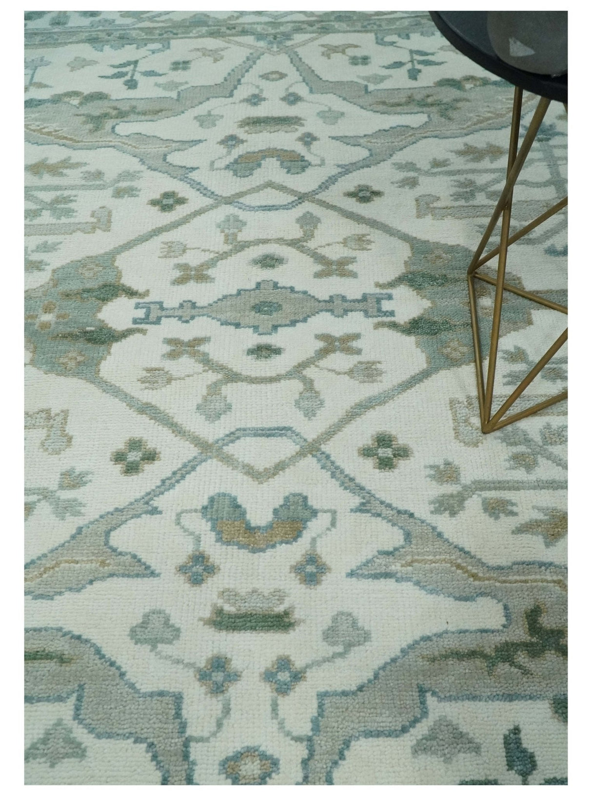 Custom Made Hand Knotted Oriental Oushak Ivory and Teal Wool Area Rug