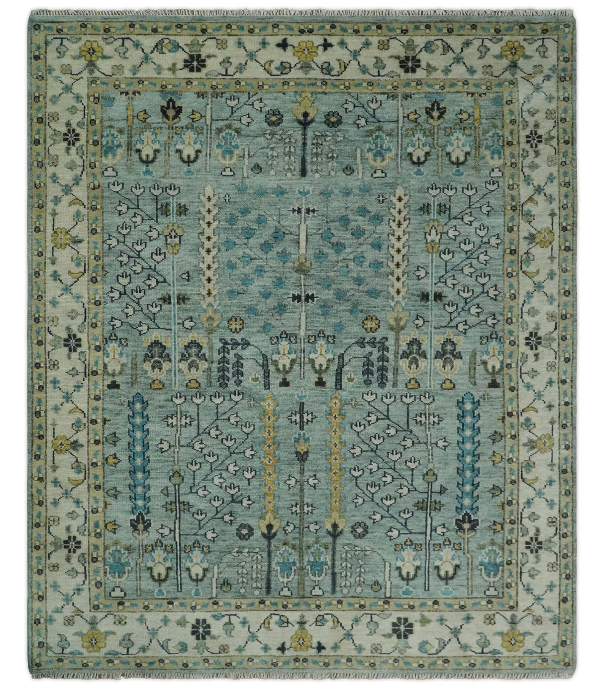 Hand Knotted Traditional Blue and Ivory Antique Oushak Custom Made Wool Area Rug