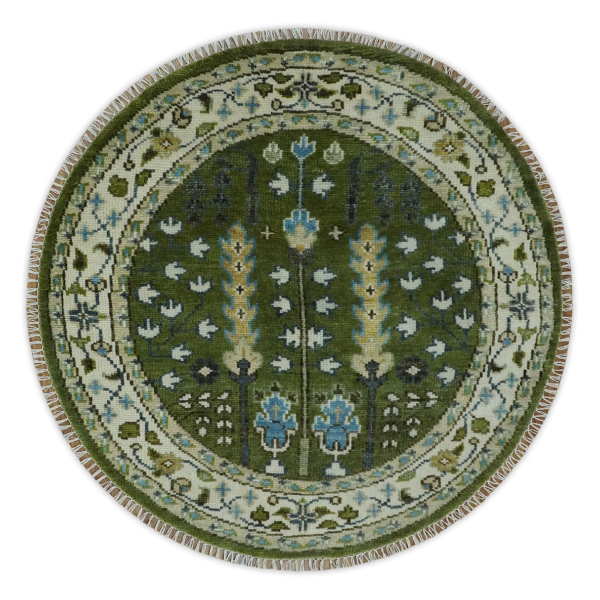 Hand Knotted Royal Green and Ivory Traditional Turkish Style Tree Of Life Multi Size Wool Area Rug