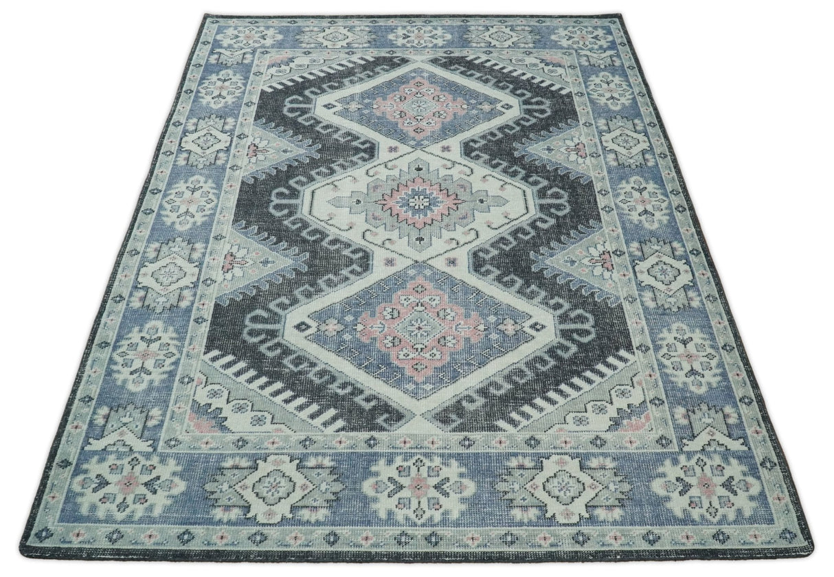 Custom Made Ivory, Charcoal, Silver and Blue Traditional Hand knotted wool Area Rug