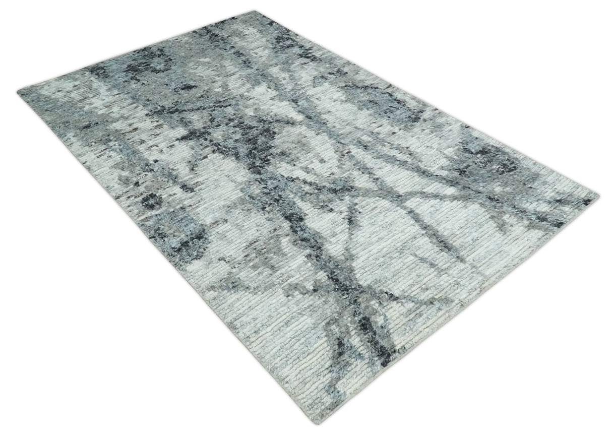 Hand Knotted Ivory, Black and Charcoal Modern Abstract Made with Blended Wool Multi Size Rug