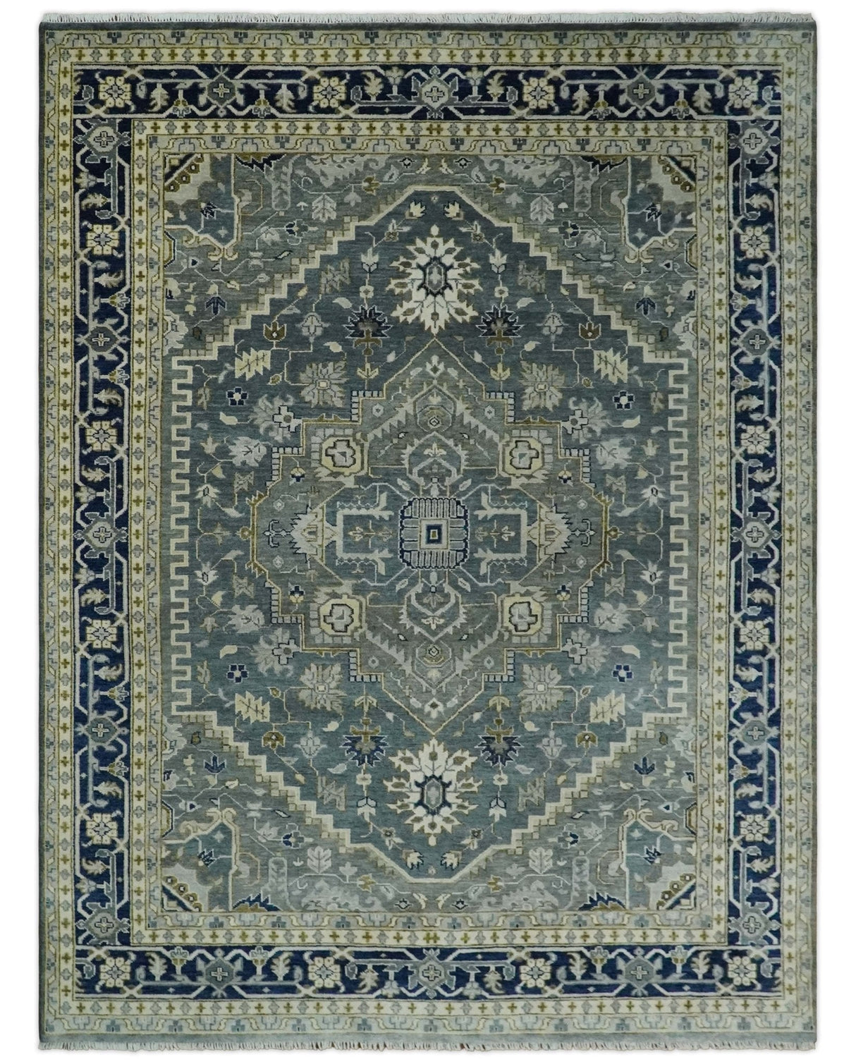 Custom Made Hand Knotted Antique Moss Gray Beige and Blue Traditional Heriz Serapi Wool Area Rug