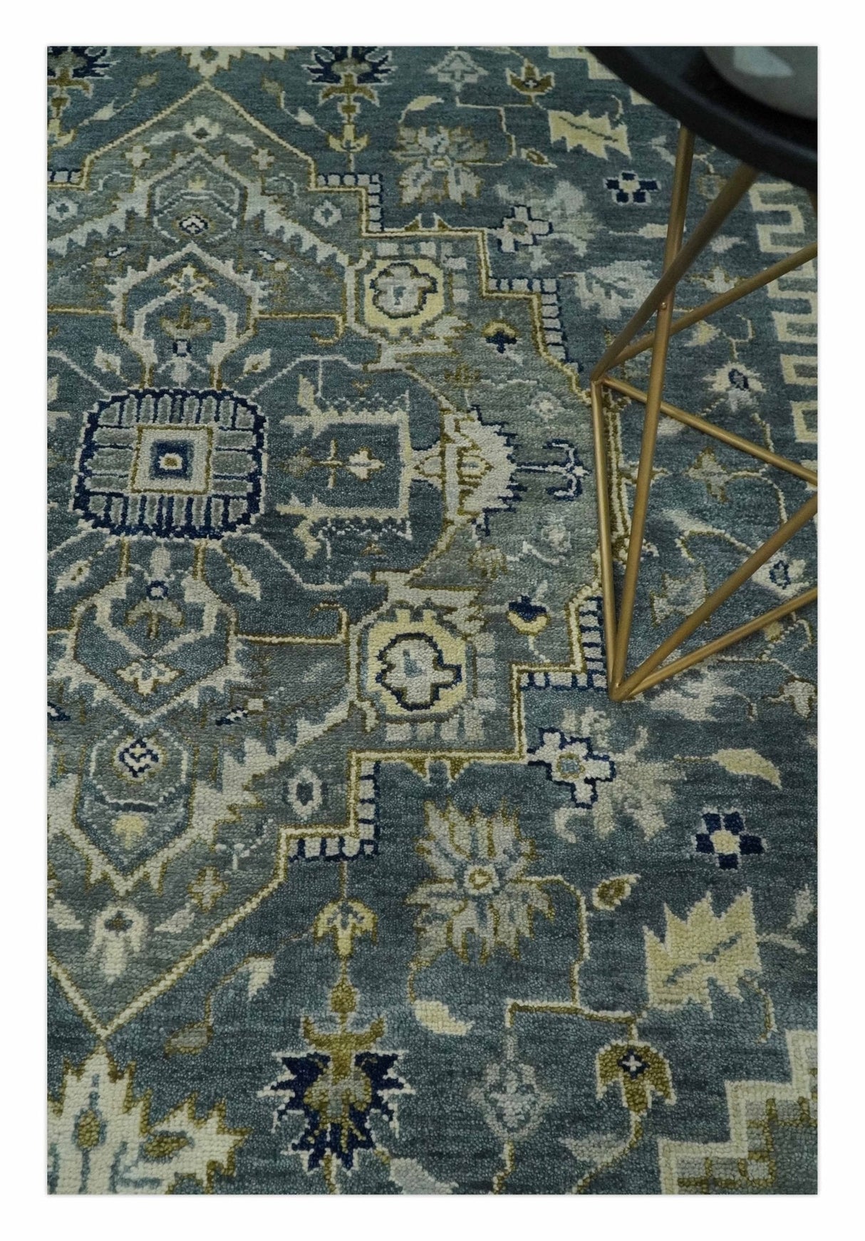 Custom Made Hand Knotted Antique Moss Gray Beige and Blue Traditional Heriz Serapi Wool Area Rug