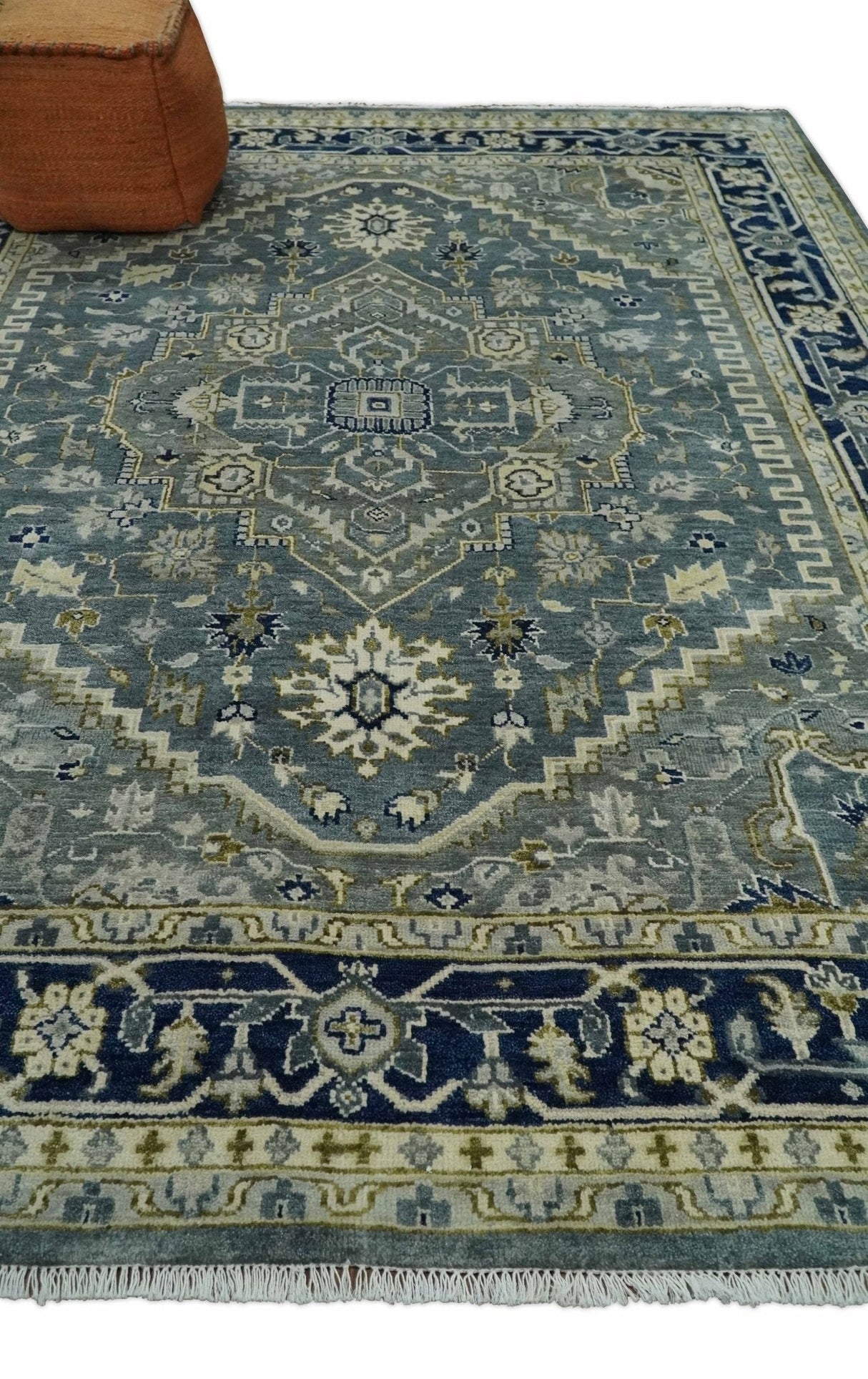 Custom Made Hand Knotted Antique Moss Gray Beige and Blue Traditional Heriz Serapi Wool Area Rug